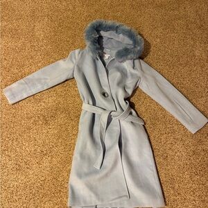 VENUS Light Blue Trench Coat with Fur Hood
